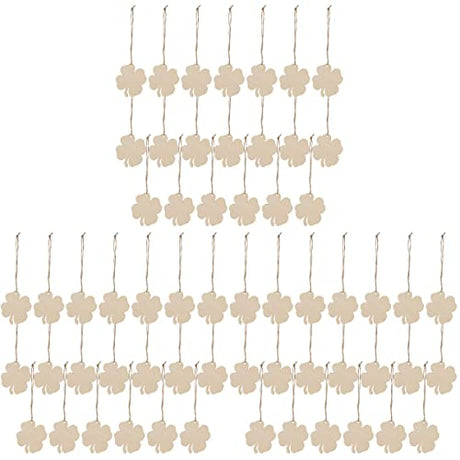 60Pcs Unfinished Wooden Shamrock Ornaments DIY Wood Shamrock Clover Cutouts Hanging Ornaments with Ropes Gift Tags for St Patricks Day Tree Table Amosfun