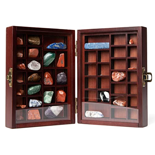 SmartyRocks Small, Portable Rock Display Case – Hand-Sized, 48-Slotted Small Shadow Box for Gemstones or Beads – Bamboo-Wood Rock Collection Display SmartyRocks