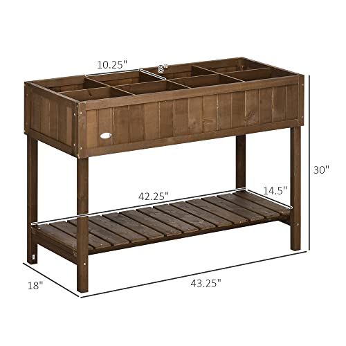 Outsunny Raised Garden Bed with 8 Pockets and Shelf, Wooden Elevated Planter Box with Legs to Grow Herbs, Vegetables, and Flowers, Dark Brown Outsunny