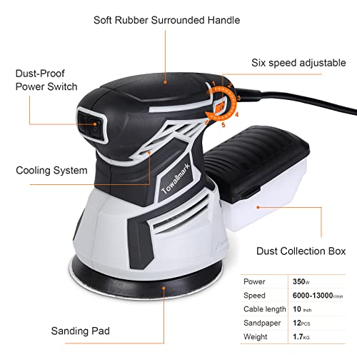 2.6A Random Orbital Sander,Towallmark 350W Orbital Sander with 6 Variable Speed,13000RPM Electric Sander with 12Pcs Sandpapers,1 Pcs Dust Box,Sander Towallmark