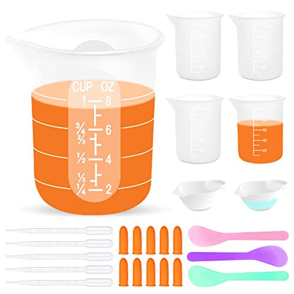 Silicone Resin Measuring Cups Tool Kit, Non-Stick Silicone Cups for Epoxy Resin, Reusable 250&100ml Silicone Mixing Cups with Stir Sticks, Pipettes,