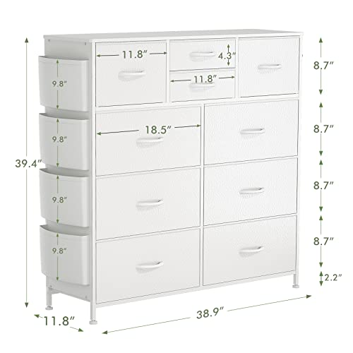 Lulive White Dresser for Bedroom with 10 Drawers, Chest of Drawers with Side Pockets and Hooks, PU Storage Dresser, Organizer Unit for Living Room, Lulive