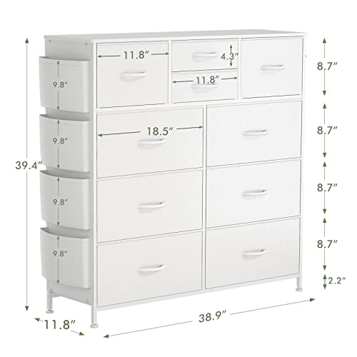 Lulive White Dresser for Bedroom with 10 Drawers, Chest of Drawers with Side Pockets and Hooks, PU Storage Dresser, Organizer Unit for Living Room, - WoodArtSupply