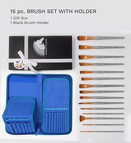 MyArtscape Paint Brushes - 15 Pc Art Brush Set for Watercolor, Acrylic, Oil & Face Painting | Short Handle Artist Paintbrushes with Travel Holder | 1 MyArtscape