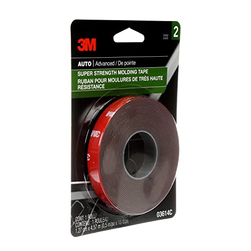 3M Super-Strength Molding Tape, 1/2 in x 15 ft, High Strength Double-Sided Adhesive, Permanently Attaches Side Moldings, Trim and Emblems to Interior 3M