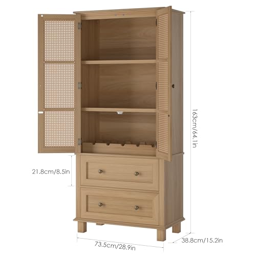 FOTOSOK Kitchen Pantry Storage Cabinet, Tall Cabinet with Rattan Doors and 2 Drawers, Freestanding Cupboard with Adjustable Shelves, Utility Pantry FOTOSOK