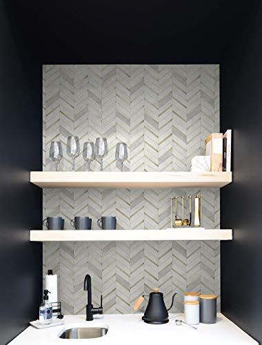 NextWall Chevron Faux Marble Tile Peel and Stick Wallpaper (Metallic Gold & Pearl Gray) NextWall