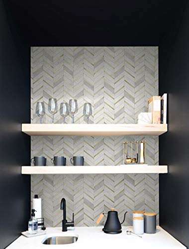 NextWall Chevron Faux Marble Tile Peel and Stick Wallpaper (Metallic Gold & Pearl Gray)