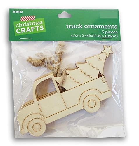 3 Truck Carrying Christmas Tree Ornaments - Wood Unfinished Shape - DIY Wooden Christmas Cutout Decoration - WoodArtSupply