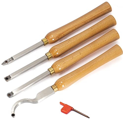 4pcs Mini Carbide Tipped Wood Lathe Turning tools Combo set Rougher Detailer Finisher Hollower with Wood Handle and Diamond Round Square Carbide Asieg Tool