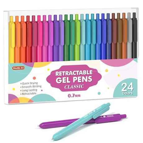 Shuttle Art Colored Retractable Gel Pens, 24 Bright Ink Colors, Cute Pens 0.7mm Fine Point Quick Drying for Writing Drawing Journaling Note Taking Shuttle Art