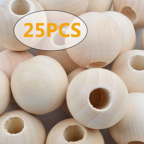 Jdesun 25 Pieces Wooden Beads, Natural Round Wood Loose Beads Wood Spacer 30mm x Diameter 3/8" Hole Jdesun