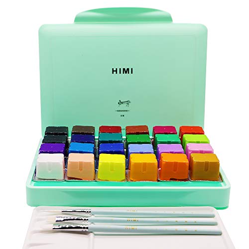 HIMI Gouache Paint Set, 24 Colors x 30ml/1oz with 3 Brushes & a Palette, Unique Jelly Cup Design, Non-Toxic, Guache for Canvas Watercolor Paper - ABEIER