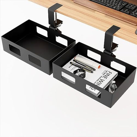 Gaxomo 2 Pack Clamp-on Side Desk Swivel Organizer, Under Desk Hidden Storage Drawer with Cable Hole, Hanging Desk Rotated Metal Basket for Extender Gaxomo