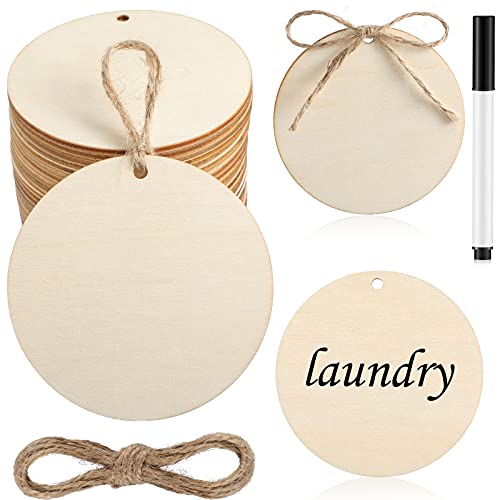 40 Pack Round Wood Tag Wooden Circles for Craft Wooden Unfinished Round Circles with Hole Blank Wood Discs Slices Ornament Hanging Tag and Marker Pen