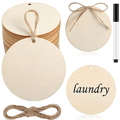 40 Pack Round Wood Tag Wooden Circles for Craft Wooden Unfinished Round Circles with Hole Blank Wood Discs Slices Ornament Hanging Tag and Marker Pen - WoodArtSupply