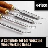 Mt Diablo Wood Chisel Set - 4pc with waxed canvas tool roll. This set of woodoworking tools comes in 4 sizes and comes with a hand tool bag. Mt Diablo
