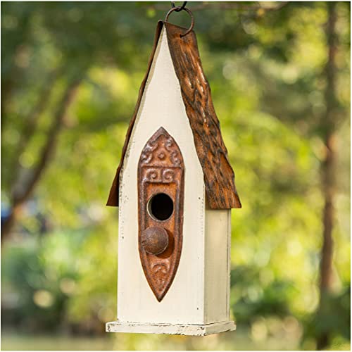 Glitzhome 13.25" H Washed White Distressed Solid Wood Birdhouse Hand Painted Hanging Bird House for Outdoors glitzhome