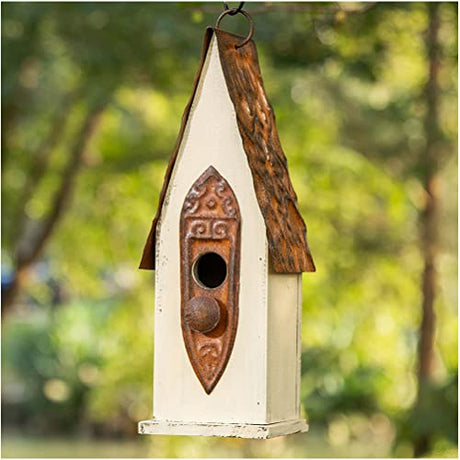 Glitzhome 13.25" H Washed White Distressed Solid Wood Birdhouse Hand Painted Hanging Bird House for Outdoors glitzhome