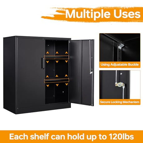 STANI Metal Storage Cabinet with 2 Adjustable Shelves, Steel Counter Cabinet with Lockable Doors for Home Office (Black) STANI