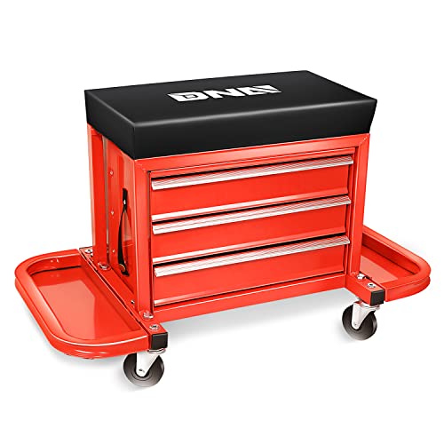 DNA MOTORING TOOLS-00261 3-Drawer Chest Rolling Mechanic Seat with Tool Trays,350lbs Max Weight Capacity,Red - WoodArtSupply