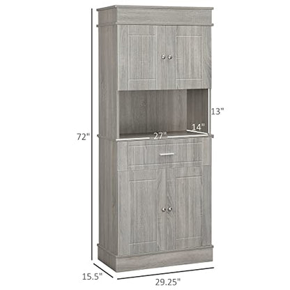 HOMCOM 72" Kitchen Buffet with Hutch, Freestanding Pantry Cabinet with Utility Drawer, 2 Door Cabinets, Adjustable Shelves and Countertop, Gray Wood