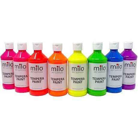 milo Fluorescent Tempera Paint Set of 8 Colors | 8 oz Bottles | Made in the USA | Washable and Non-Toxic Neon Art & Craft Poster Primary Paints for milo