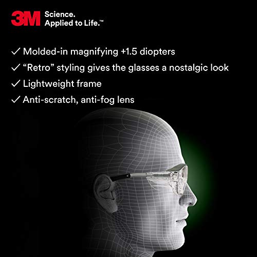 3M Safety Glasses with Readers, Nuvo Protective Eyewear, +1.5 Diopter, ANSI Z87, Clear Lens, Retro Gray Frame, Soft Nose Bridge, Side Shields 3M