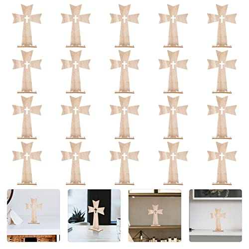 Amosfun Home Decor Wood Cross 20pcs Desktop Cross Decors Unique Cross Decor Table Desktop Cross with Base Wooden Crosses Outdoor Decor - WoodArtSupply