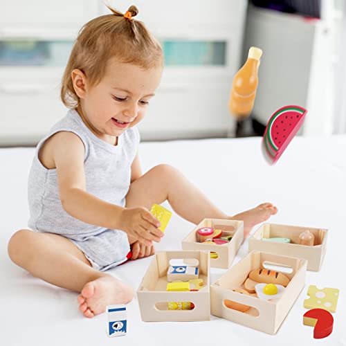 Food Groups - Wooden Play Food Sets, Pretend Play Kitchen Toys, Toy Food Accessories for Toddlers 1-3, Wood Play Fake Food for 1 2 3 Year Old Boys KMTJT