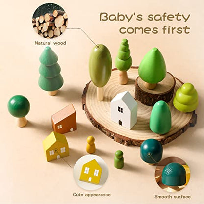 Promise Babe Wooden Tree Toys - Montessori Wooden Blocks Stacking Toys for Toddlers, Miniature Trees & House Various Sizes Woodland Creative Craft