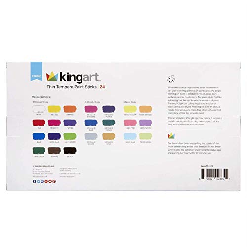 KINGART 574-24 TEMPERA PAINT Thin Sticks, Set of 24 Rich Colors, Solid Tempera Paint for Kids, Super Quick Drying, Non-Toxic, Work Great on Paper, KINGART