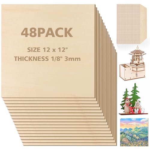 Basswood Sheets 1/8 x 12 x 12 inch - 3mm Basswood Sheets Plywood Sheets Balsa Wood, 48Pcs Square Unfinished Wood Board for DIY Crafts, Laser Cutting,