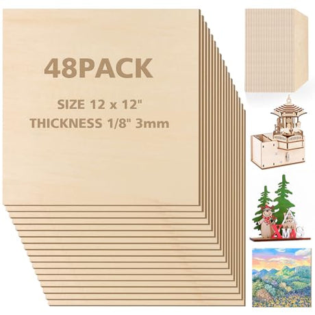 Basswood Sheets 1/8 x 12 x 12 inch - 3mm Basswood Sheets Plywood Sheets Balsa Wood, 48Pcs Square Unfinished Wood Board for DIY Crafts, Laser Cutting, Adrattnay