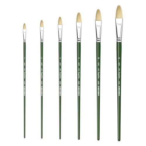 XDT#6385 Filbert Artist Paint Brush 6 Piece Set Medium Stiff Hog Bristle Extra Long Handle #2#4#6#8#10#12, Acrylic Oil Watercolor - WoodArtSupply