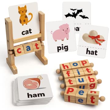 Coogam Wooden Reading Blocks Short Vowel Rods Spelling Games, Flash Cards Turning Rotating Letter Puzzle for Kids, Site Words Montessori Spinning Coogam