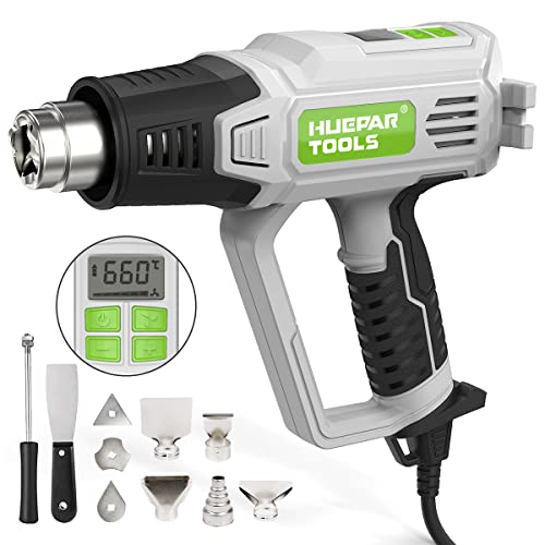 Heat Gun, Huepar Tools Fast Hot Air Gun with LCD Digital Display, 122℉-1112℉ (600℃) Temperature & Air Flow Adjustable, 12.5A, Overload Protection for