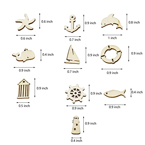 KUMGROT 100pcs Unfinished Wooden Ornament Mini Wood Pieces Starfish Dolphin Fish House Ship Shaped for DIY Craft Handmade Supplies (Marine Style) KUMGROT