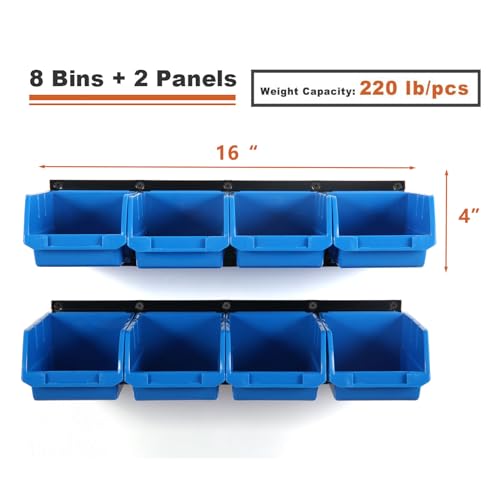 Wallmaster 8-Bin Storage Bins Garage Rack System 2-Tier Orange Tool Organizers Cube Baskets Wall Mount Organizations (Blue) Wallmaster