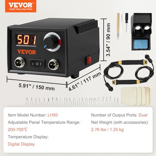 VEVOR Wood Burning Kit, 200~700°C Adjustable Temperature with Display, Dual Output Port with 2 Pyrography Pens, 23 Wire Nibs, 1 Pen Holder, 4 Wood Chip, 1 Screwdriver, 1 Tweezers, 1 Knife, 1 Sponge