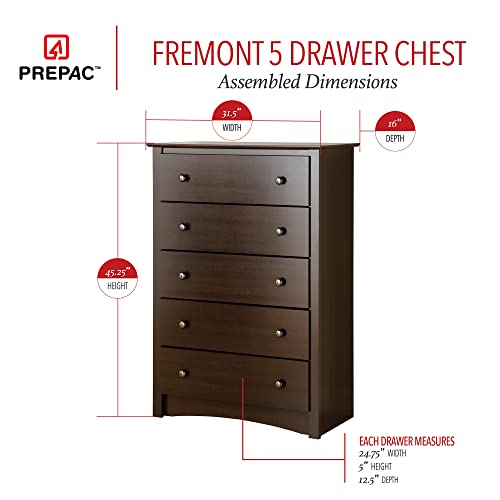 Prepac Fremont Superior 5-Drawer Chest for Bedroom - Spacious and Stylish Chest of Drawers, Measuring 16"D x 31.5"W x 45.25"H, In Espresso Finish Prepac