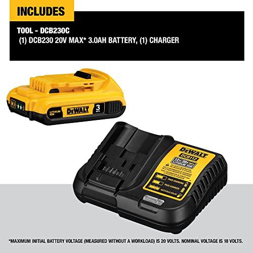 DEWALT 20V MAX Battery Pack with Charger, 3 Ah, Extra Long Run Time (DCB230C) DEWALT