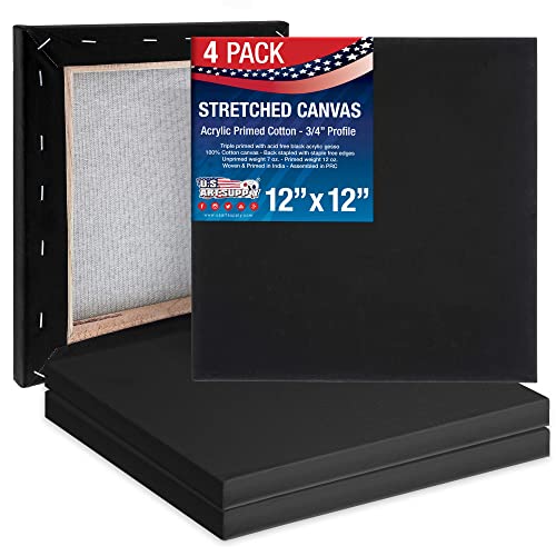 U.S. Art Supply 12 x 12 inch Black Stretched Canvas 12-Ounce Primed, 4-Pack - Professional Artist Quality 3/4" Profile, 100% Cotton, Heavy-Weight, - WoodArtSupply