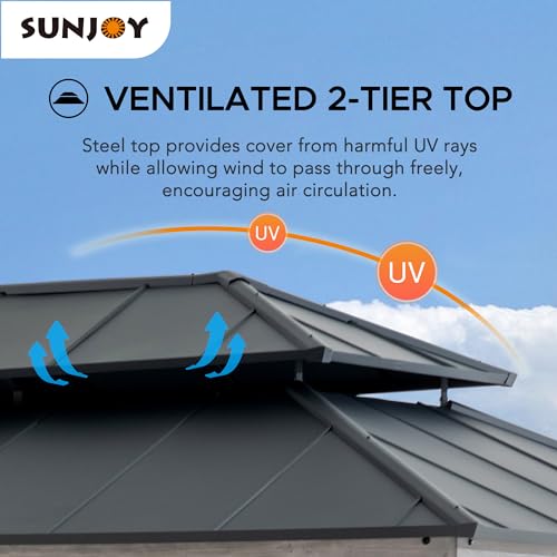 Sunjoy 12 x 20 ft. Wood Gazebo, Outdoor Patio Steel Hardtop Gazebo, Cedar Framed Wooden Gazebo with 2-Tier Metal Roof, Suitable for Patios, Lawn and