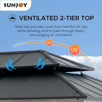 Sunjoy 12 x 20 ft. Wood Gazebo, Outdoor Patio Steel Hardtop Gazebo, Cedar Framed Wooden Gazebo with 2-Tier Metal Roof, Suitable for Patios, Lawn and