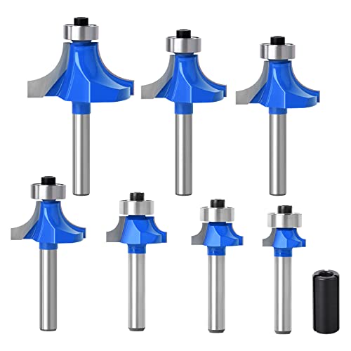 MEIGGTOOL 7Pcs 1/4"Inch Shanks Roundover Edging Router Bit Set,Round Radius: 1/2",3/8",5/16",1/4",7/32",3/16",1/8" MEIGGTOOL