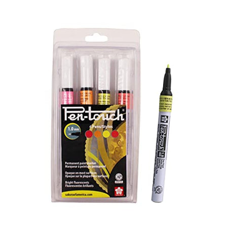 SAKURA Pen-Touch Paint Markers - Permanent Marker Pen - Assorted Fluorescent Colors - Medium Tip Size - 4 Pack SAKURA