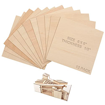 (12-Pack) 6”x6”x1/8” Balsa Sheets for Crafts - Perfect for Architectural Models Drawing Painting Wood Engraving Wood Burning Laser Scroll Sawing