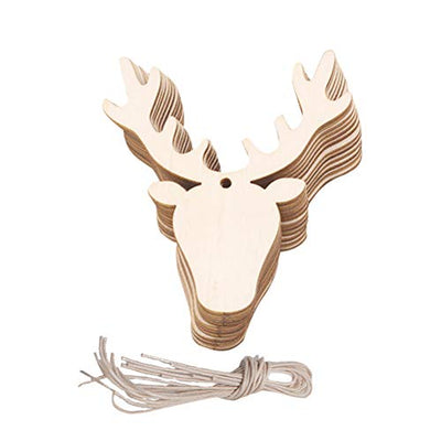 Amosfun 20PCS Wooden Deer Head Christmas Ornaments Pendant Hanging Wooden Pendant Decoration Wooden DIY Craft Christmas Tree Hanging Ornaments
