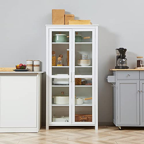 HOMCOM Freestanding Kitchen Pantry, 5-Tier Storage Display Cabinet, Curio Cabinet with Adjustable Shelves and 2 Glass Doors for Living Room, Dining HOMCOM